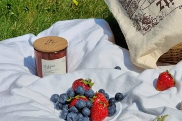 strawberries and blueberries on the picnic blanket