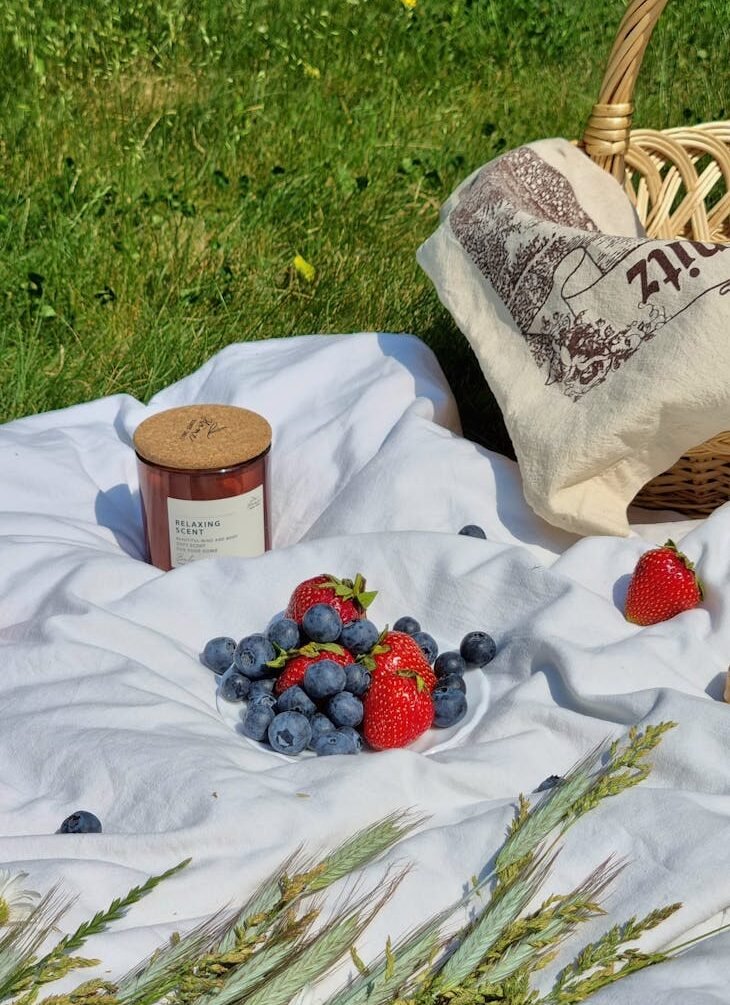 strawberries and blueberries on the picnic blanket