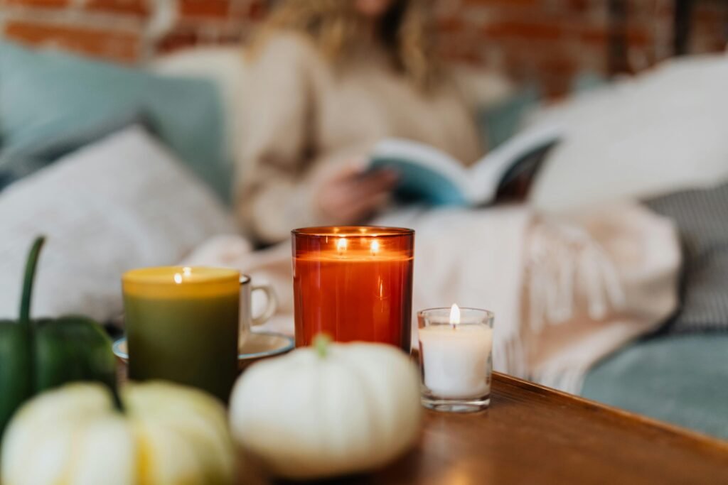 candles on brown wooden table