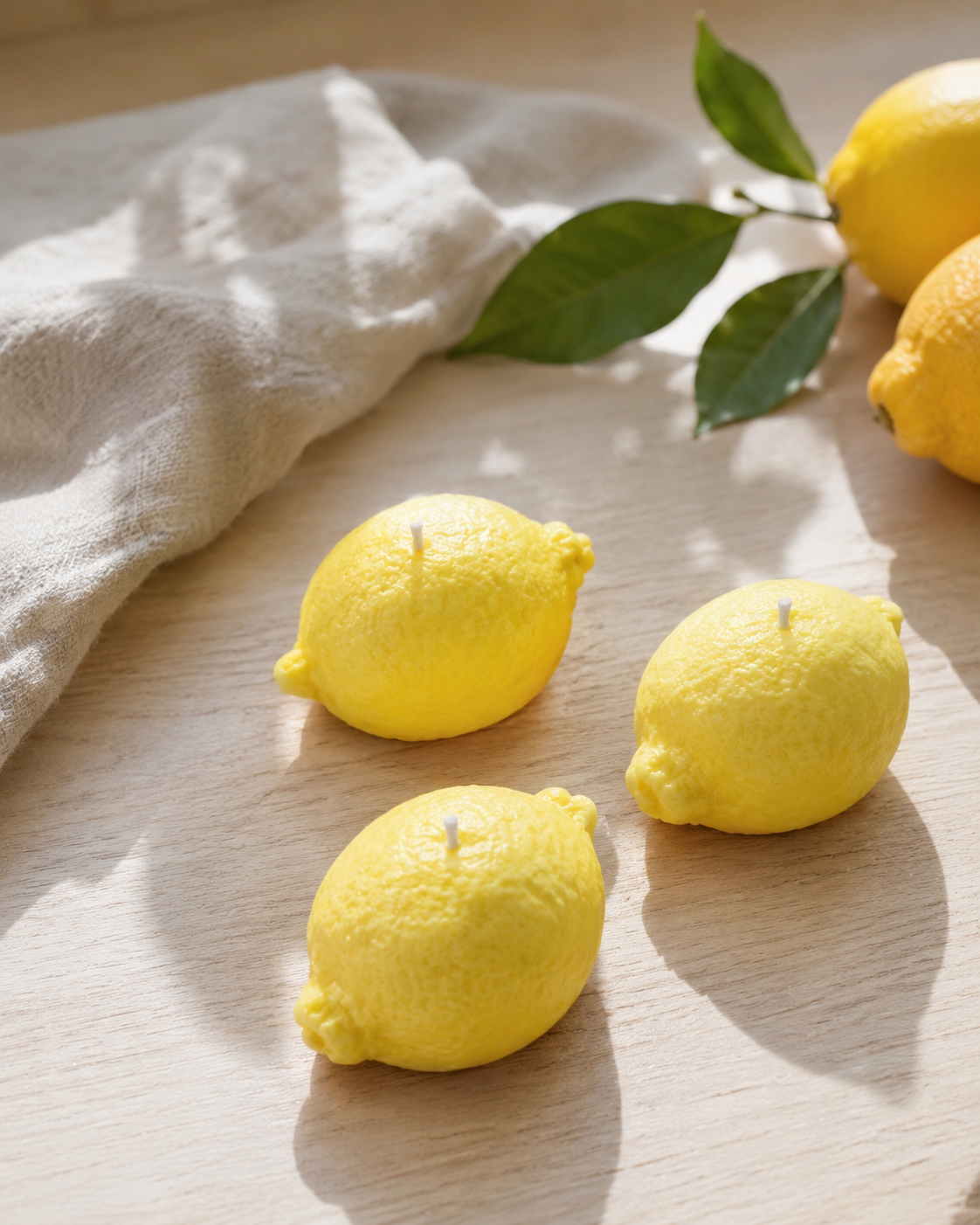 Lemon Breeze χειροποίητα αρωματικά κεριά σόγιας σε σχήμα λεμονιού σε καλοκαιρινή διακόσμηση σπιτιού.