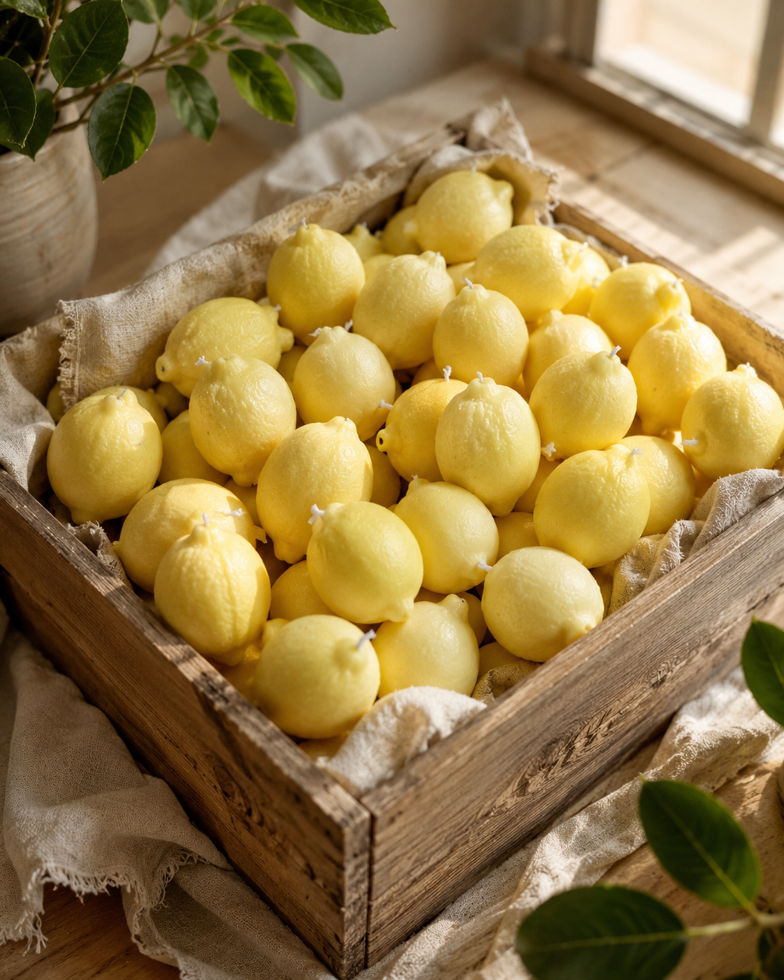 Χειροποίητα αρωματικά κεριά σόγιας Lemon Breeze σε σχήμα λεμονιού μέσα σε ξύλινο τελάρο.